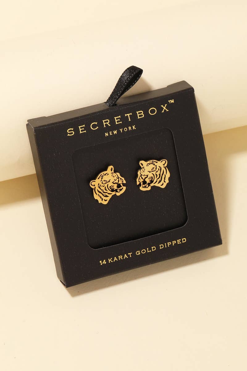 Secret Box Tiger Head Stud Earrings: Gold Tone