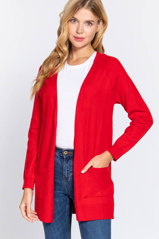 Slim Fit Open Sweater Cardigan w/ pocket: Red