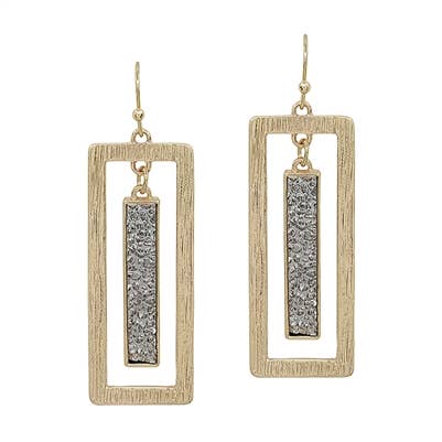 Grey Druzy and Gold Open Rectangle Bar Earring