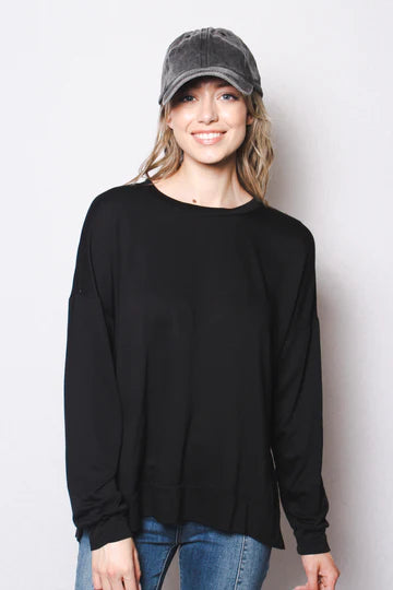 Black Long Sleeve Sweater Top with Side Slit