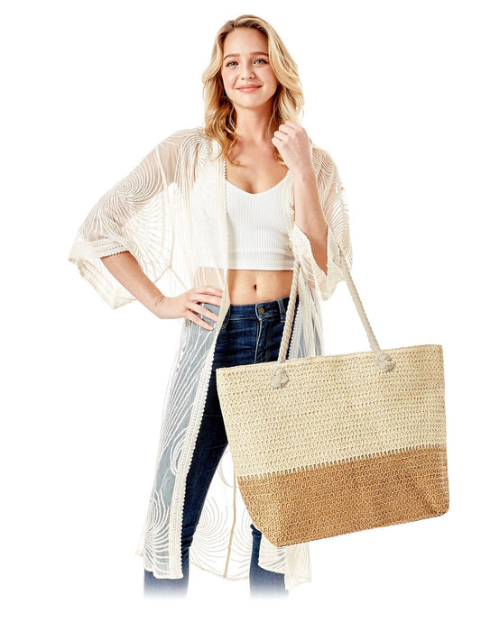 Two Tone Beige Straw Beach Tote