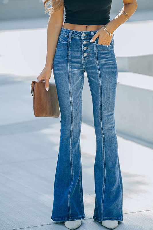 Front Seam Washed Flare Jeans with Pockets
