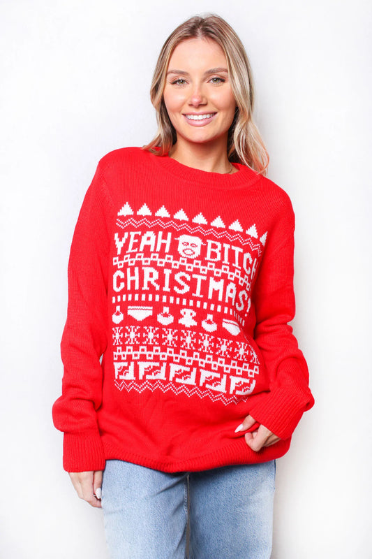 Yeah Bitch Christmas Crew Neck Long Sleeves Knit Christmas Print Sweater