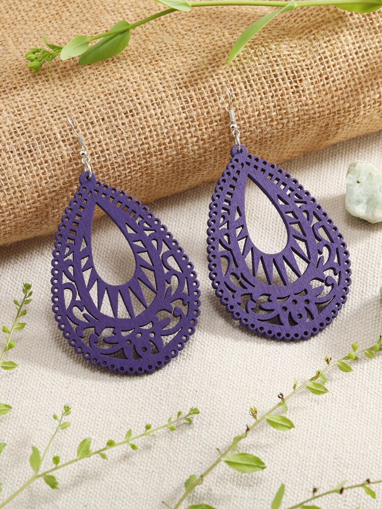 SALE Purple Lightweight Wood Teardrop Shaped Earrings