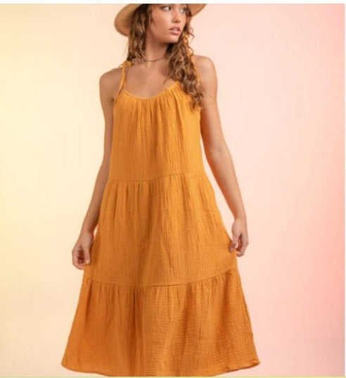 SALE Loose fit Cami Gauze Tiered Midi Dress-Honey