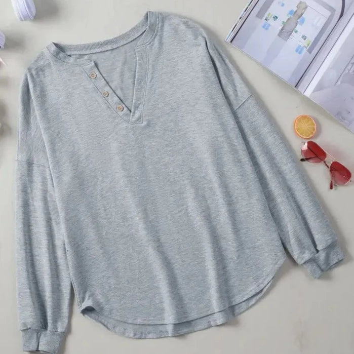 Gray Buttoned V Neck Cotton Loose Fit Top