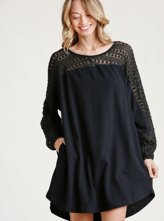 SALE Crochet Detail Long Sleeve Knit Dress with Pockets and Round High Low Hem