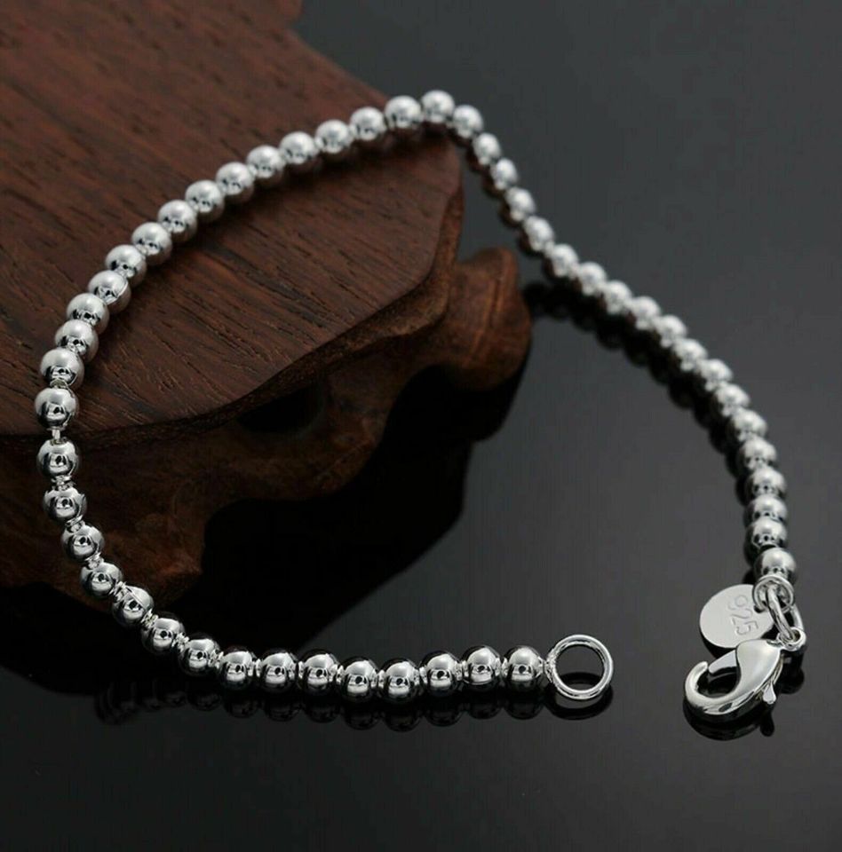 925 Sterling Silver Plated Bead Ball Open Bangle Bracelet