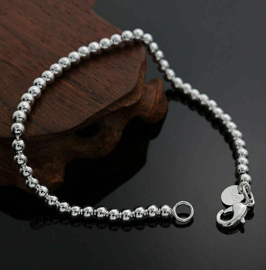 925 Sterling Silver Plated Bead Ball Open Bangle Bracelet