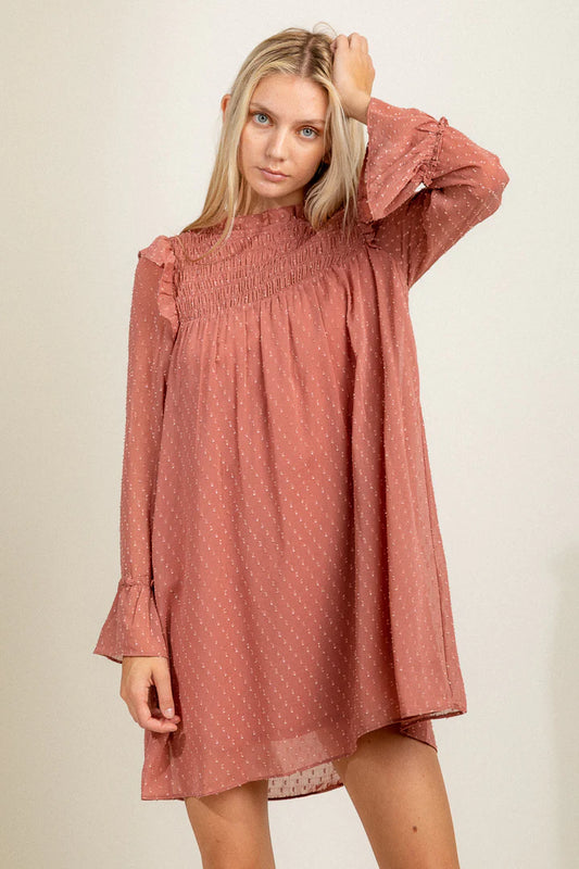 SALE Mauve Foil Dotted Chiffon Mini Dress