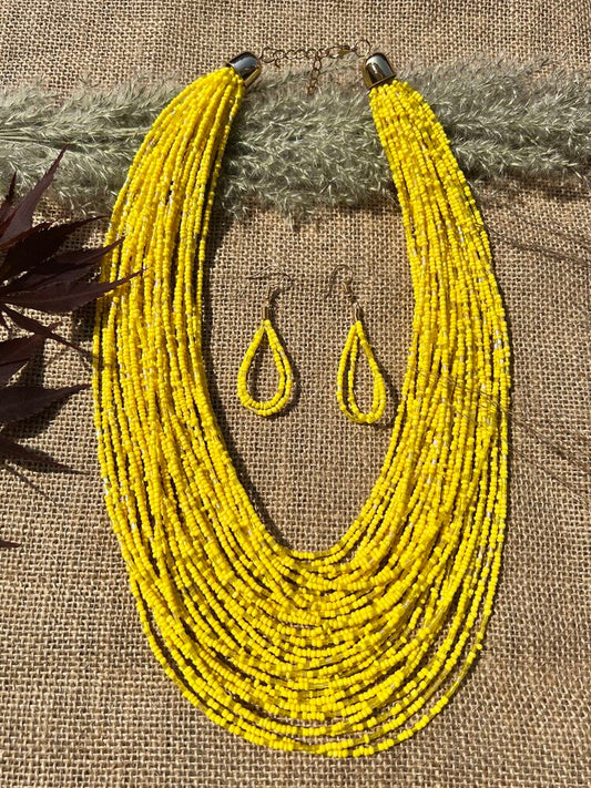 Yellow Beaded Layered Necklace & Drop Earrings Set