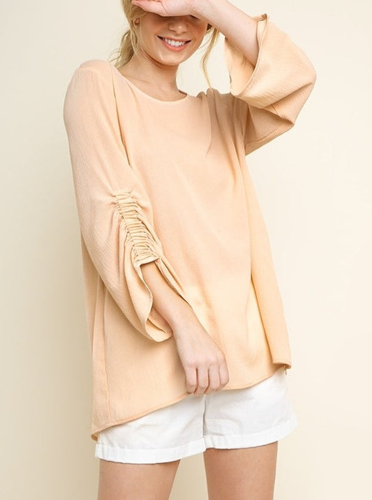 SALE Bisque Basic 3/4 Gathered Sleeve Top with a Back Keyhole