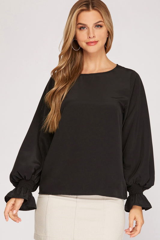 Classic Black Smocked Long Bubble Sleeve Woven Top