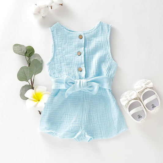 Sky Blue Baby Girl Sleeveless Button Up Belt Romper-9-12 Months