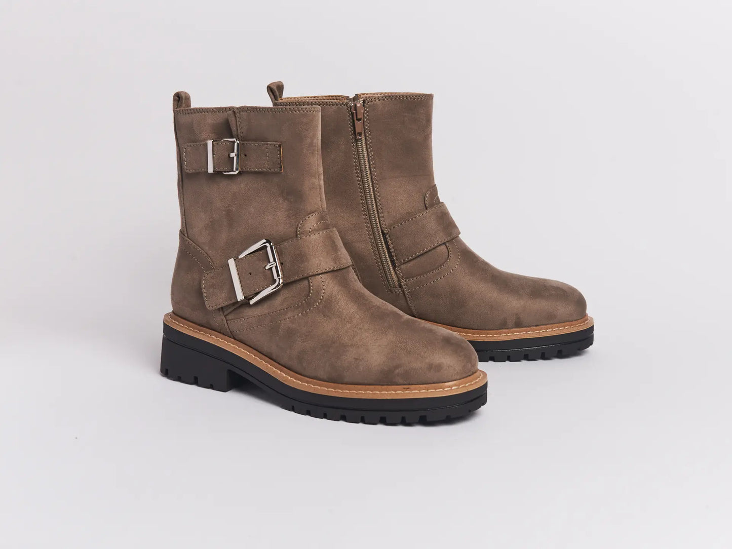 100% Suede Boots with Buckles in Taupe Color