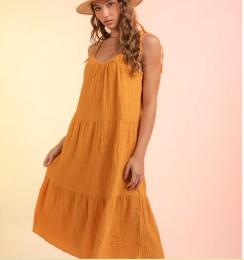 SALE Loose fit Cami Gauze Tiered Midi Dress-Honey