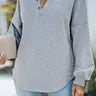 Gray Buttoned V Neck Cotton Loose Fit Top