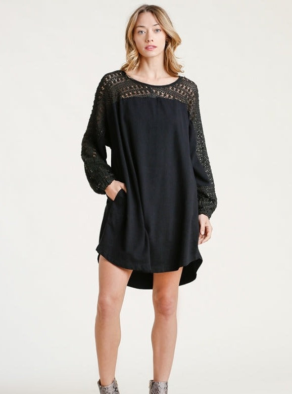 SALE Crochet Detail Long Sleeve Knit Dress with Pockets and Round High Low Hem