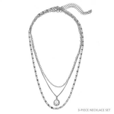 Silver Triple Layered Chain with Crystal Set of 3 Necklace