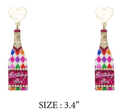 Happy Birthday Glitter Champagne Bottle 2.75" Earring