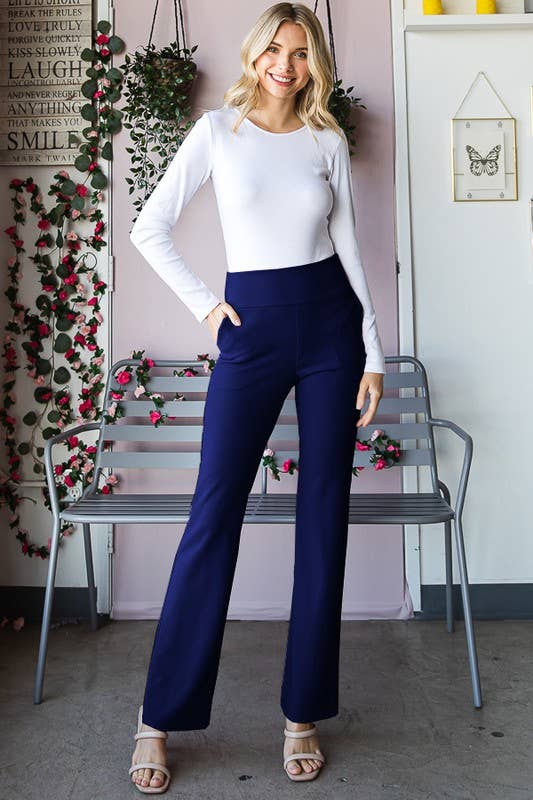 Navy Flare Pants with Side Waist Band and Pocket