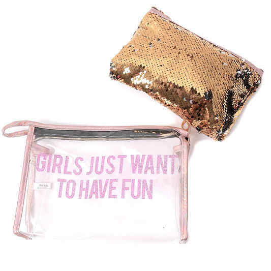 2 Pc Girls Sequin Cosmetic Bag Set: Gold