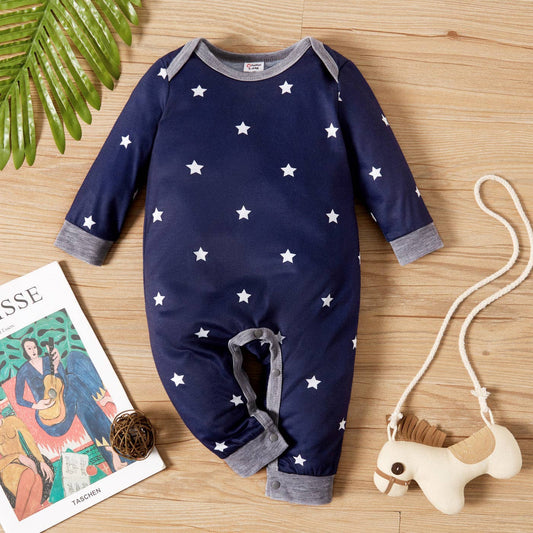 Baby Boy All Over StripedStar Print Long-sleeve Jumpsuit: 6-9 Months / Dark Blue