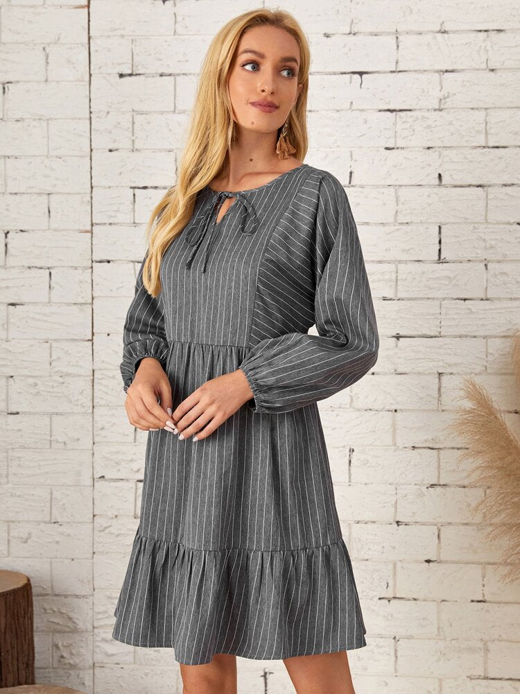 SALE Notched Tie Neck Gray/White Pinstriped Dress