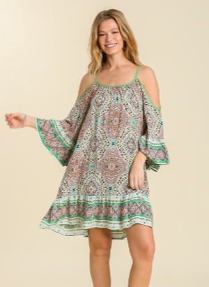 SALE Green Mixed Print Short Off The Shoulder Bell Sleeved Dress