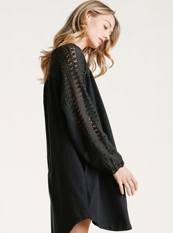 SALE Crochet Detail Long Sleeve Knit Dress with Pockets and Round High Low Hem