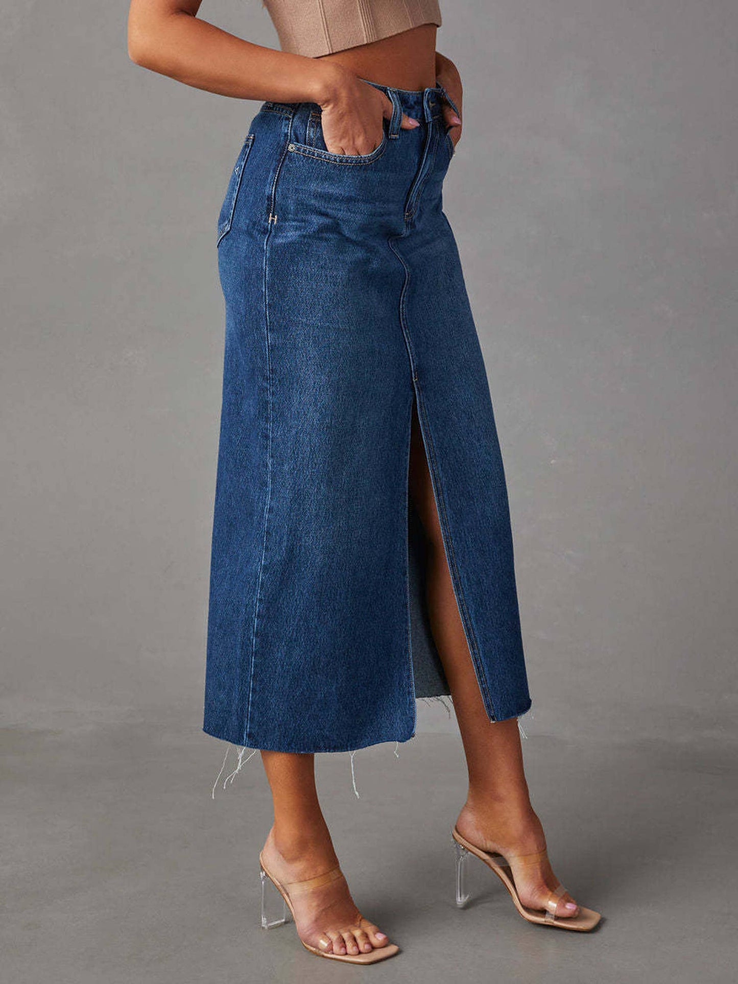 A-Line Split and Slim Denim Half Length Skirt: Blue