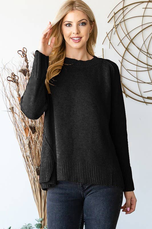 Black Round Neck Uneven Hem Sweater