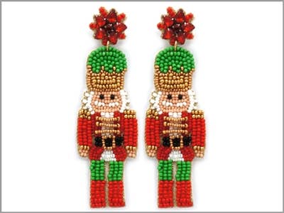 Red and Green Seed Bead Nutcracker 3" Earrings