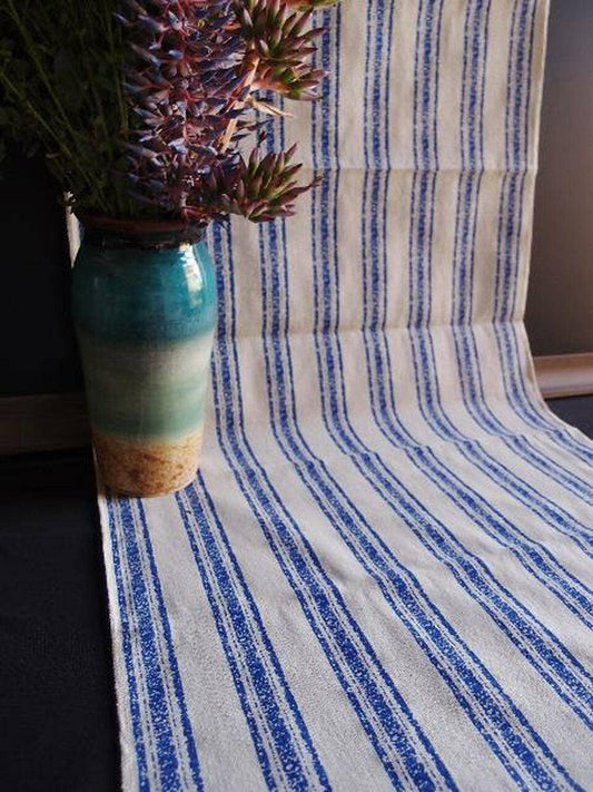 Rustic Blue Striped Linen Table Runner 19"x108"