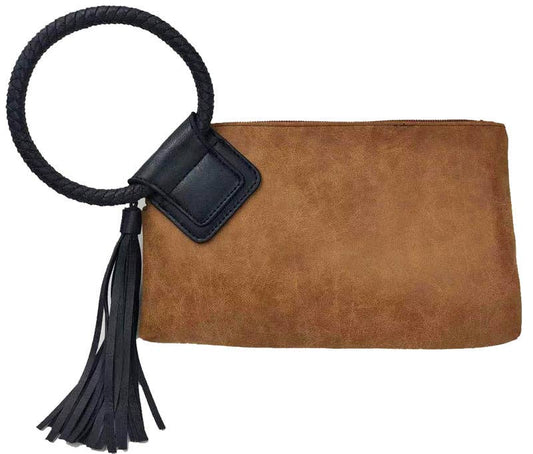 Cuff Handle Tassel Wristlet Clutch: Tan