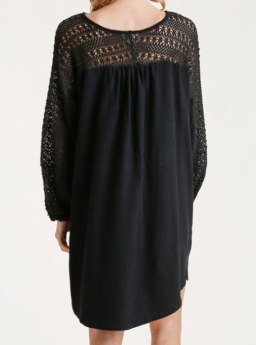 SALE Crochet Detail Long Sleeve Knit Dress with Pockets and Round High Low Hem