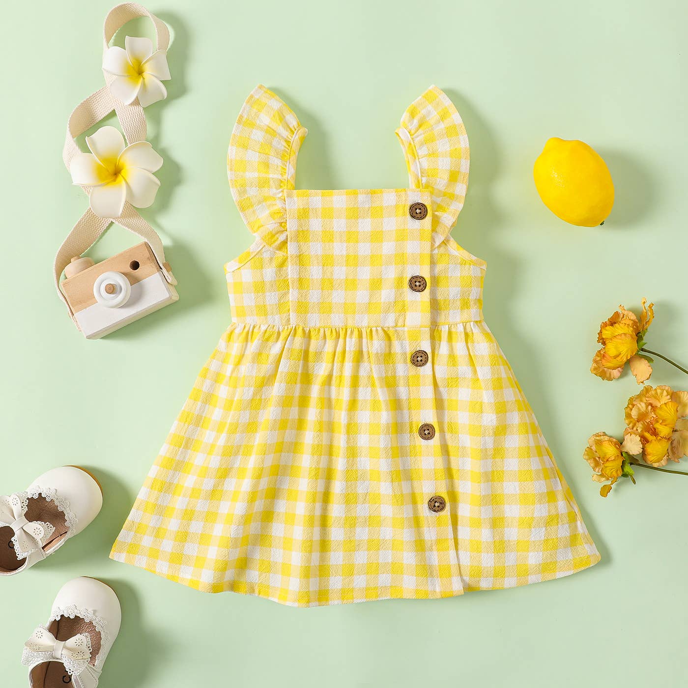 Baby Girl Yellow Gingham  Button Dress