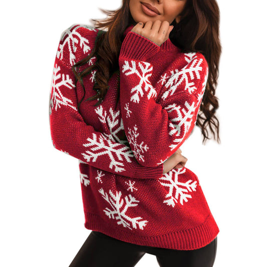 Christmas Snowflake Neck Pullover Sweater: Red