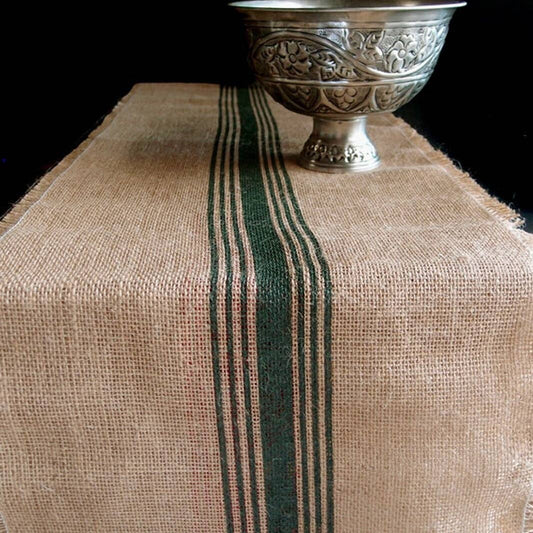 Burlap Table Runner With Green Stripes 12.5"x108"