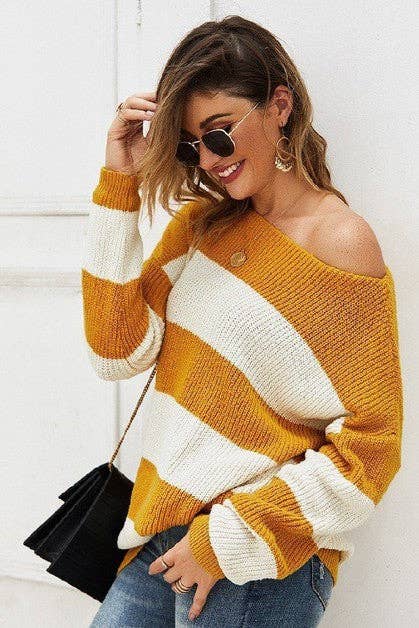 Yellow Color Block Striped Causal Sweater