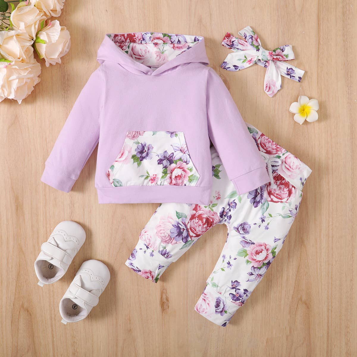 Beautiful Floral Hoodie, Pants and Headband Set: 3-6 Months / Purple