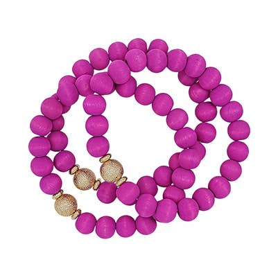 Pink Wood Beaded and Gold Set of 3 Stretch Bracelets