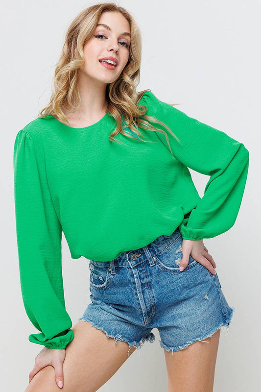 Kelly Green Balloon Long Sleeve Solid Blouse