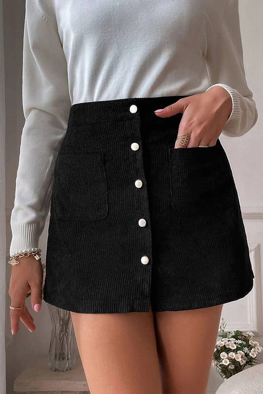 Black Corduroy Button Pockets Skirt