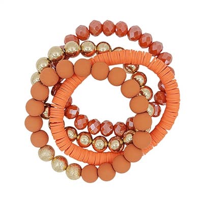 Orange Rubber, Crystal, and Gold Set of 4 Stretch Bracelets