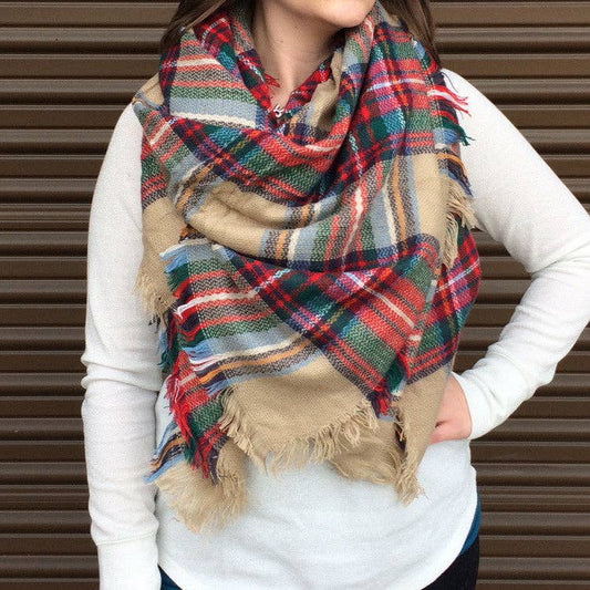 Plaid Blanket Scarf - Tan Green Red: Tan Green Red Plaid