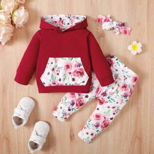 Burgundy Floral Hoodie, Pants and Headband Set: 9-12 Months