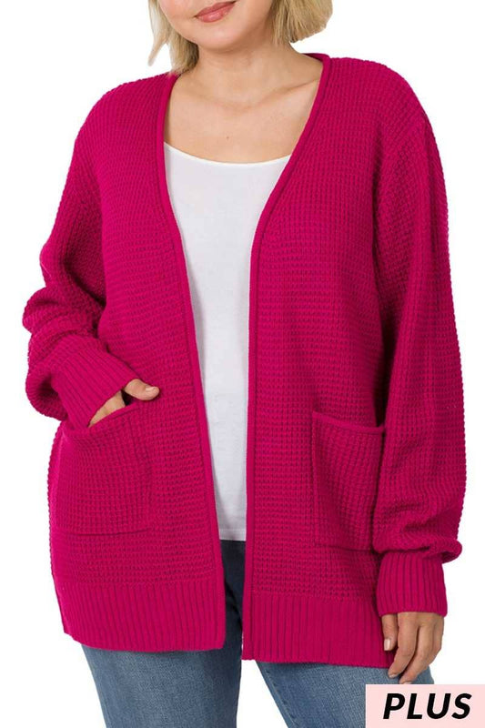 Plus Low Gauge Waffle Open Cardigan Sweater With Pockets-Pink