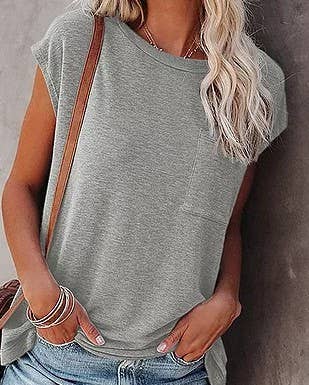 Grey Women's Cap Sleeve Loose Fit Pocket Point Top