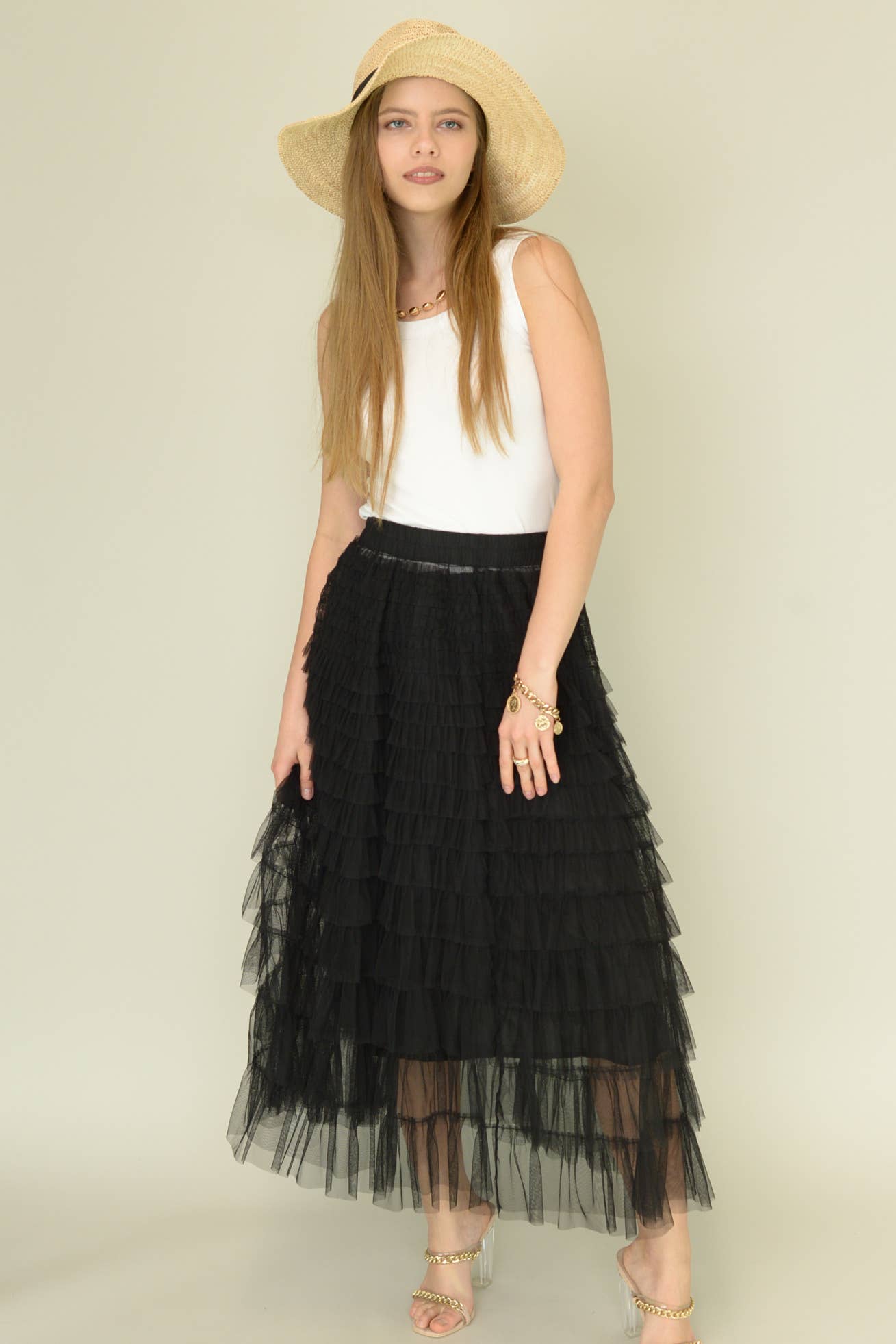 Mesh Ruffle Tiered Woven Skirt